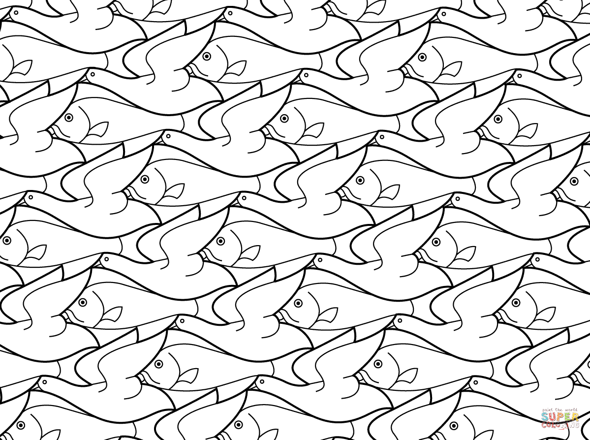 Bird fish tessellation by mc escher coloring page free printable coloring pages