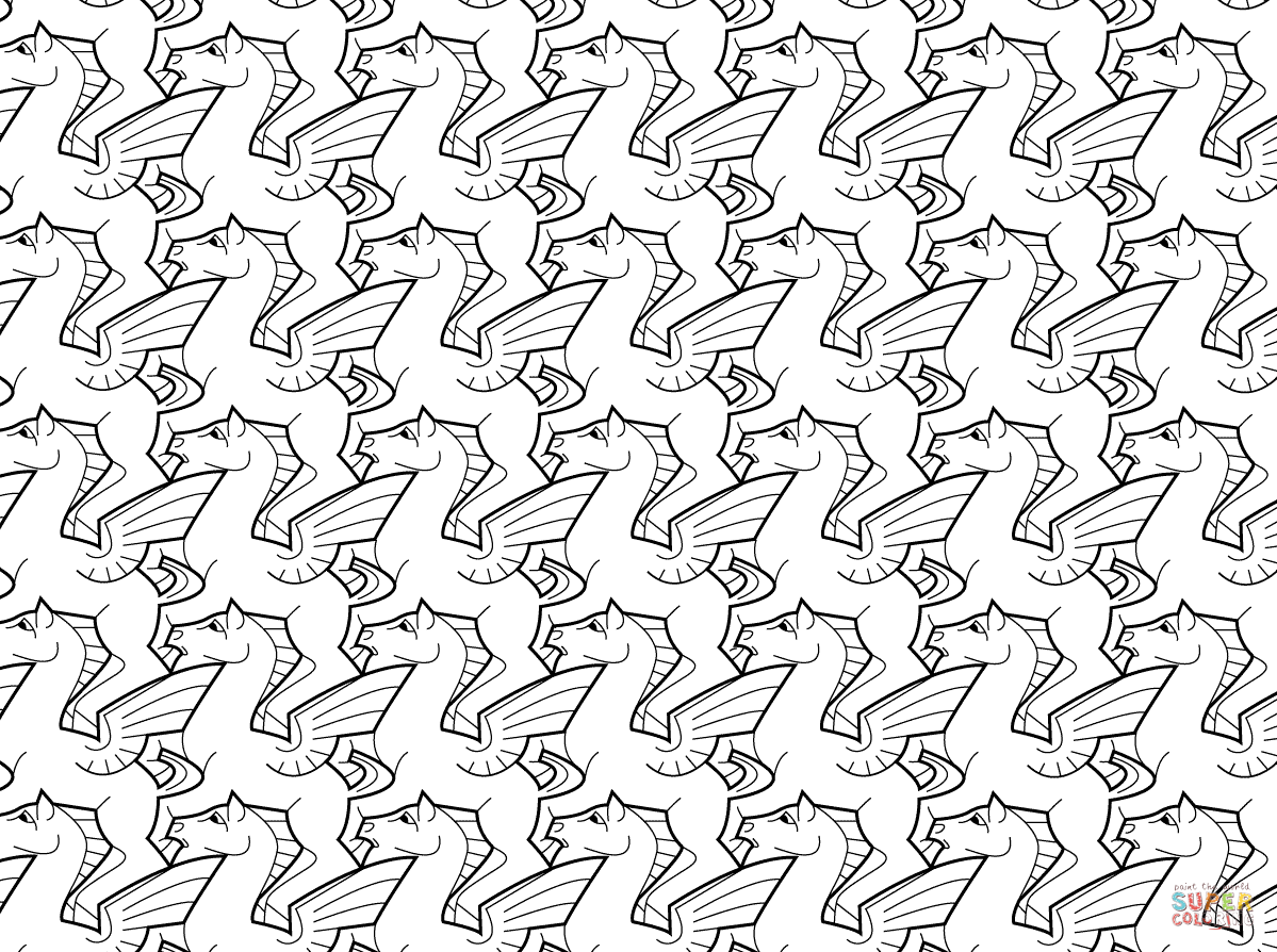 Pegasus tessellation by mc escher coloring page free printable coloring pages