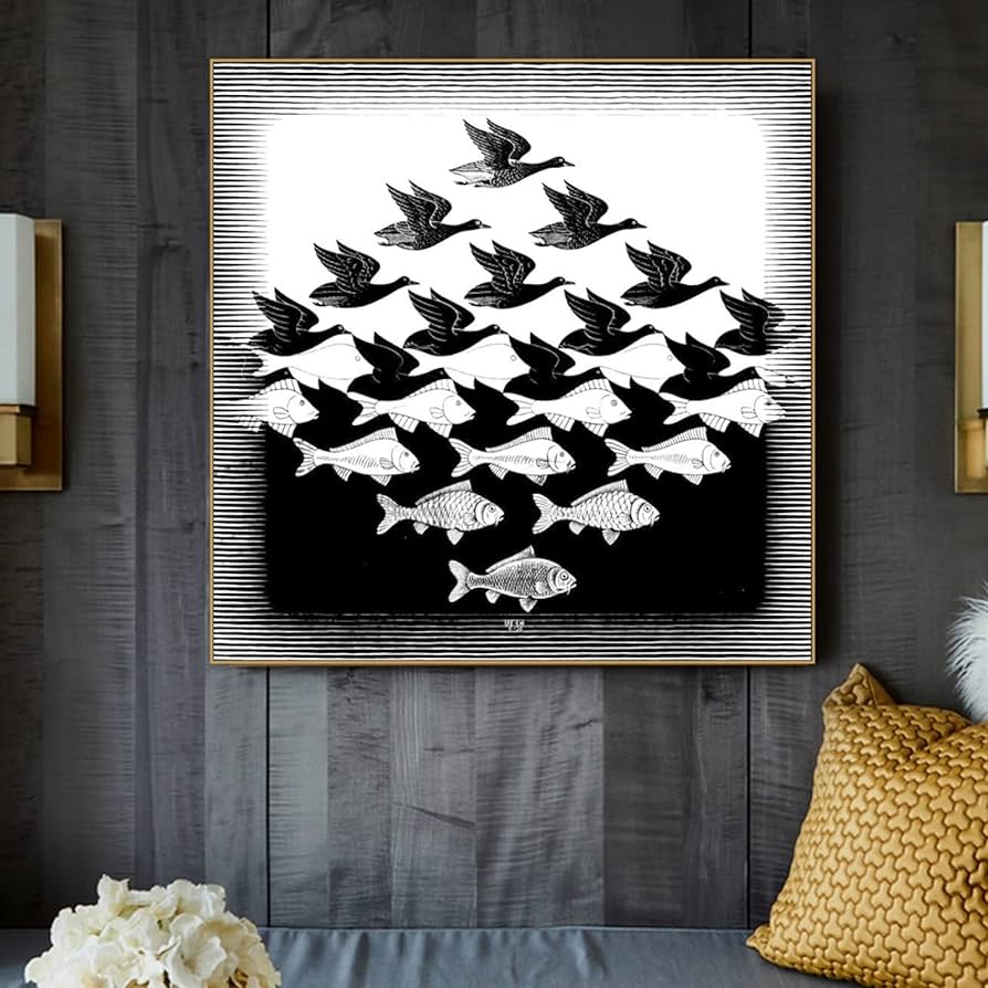 Dfhdfh mc escher poster fish and bird canvas wall art vintage paintings and prints abstract pictures modern living room home der xcm x no frame home kitchen