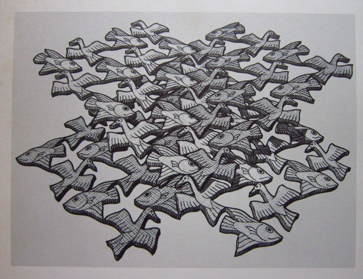 Mc escher interesting planes bird fish graphic art optical illusions print litho