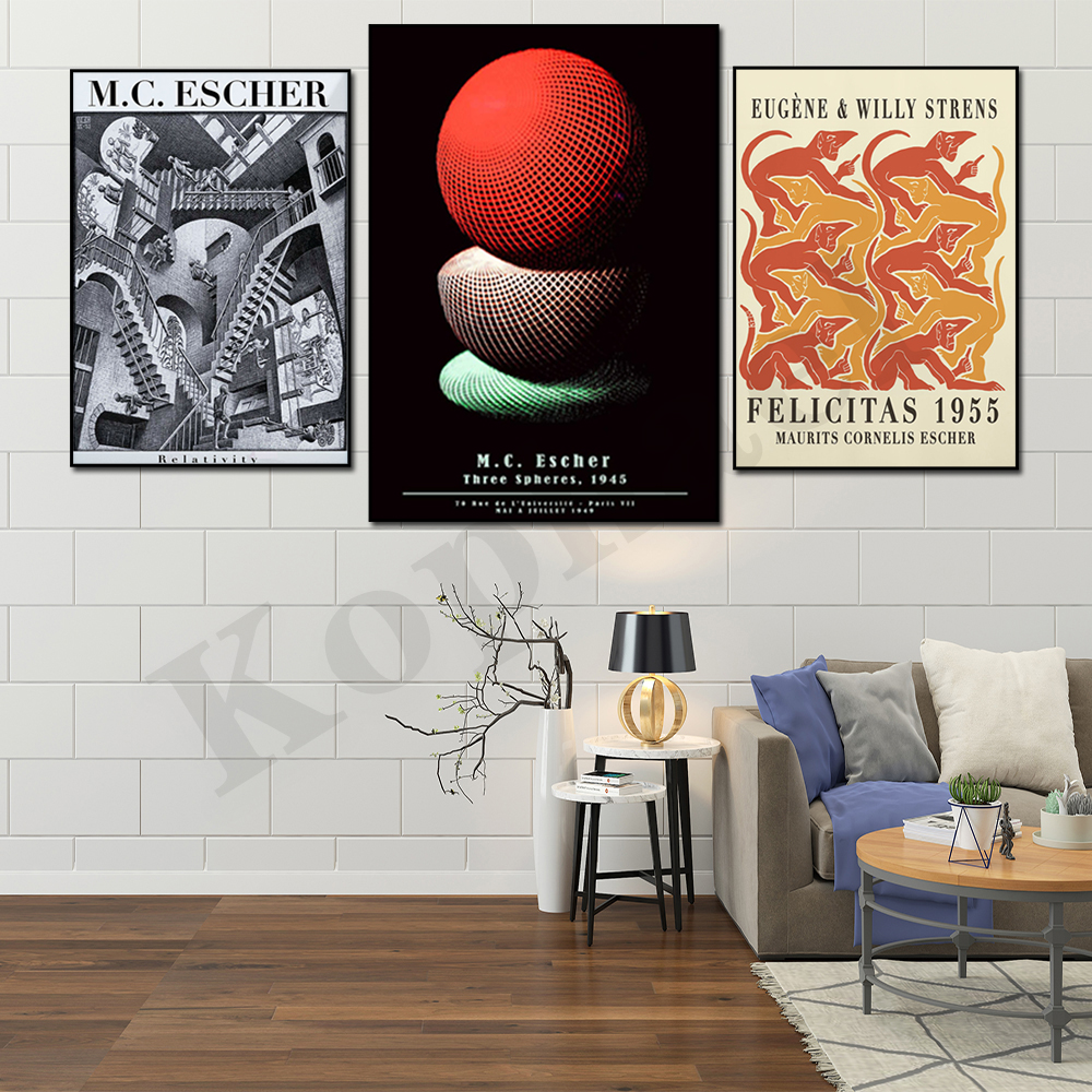 Mc escher surreal artwork fish and birds three spheres architecture abstract geometric exhibition poster