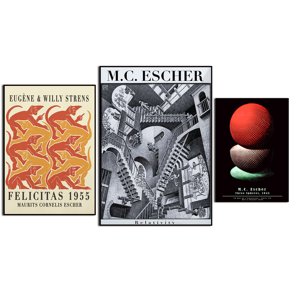 Mc escher surreal artwork fish and birds three spheres architecture abstract geometric exhibition poster