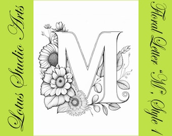 Floral letter m coloring page style downloadable printable alphabet coloring page for adults and teens great for craft projects