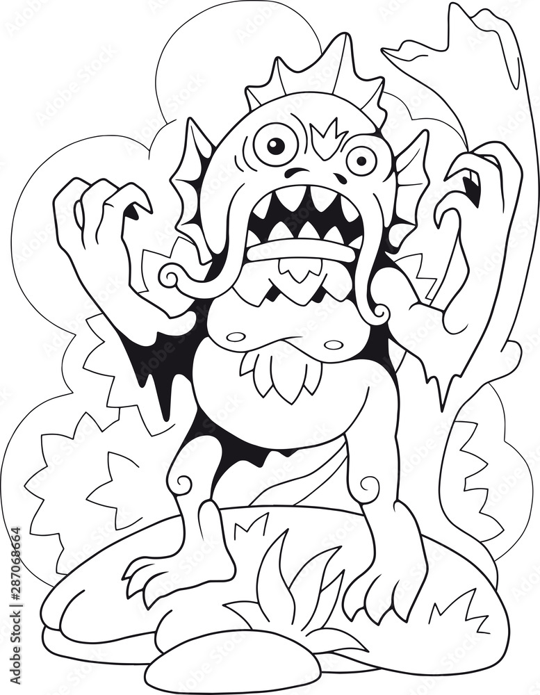 Cartoon scary swamp monster coloring book funny illustration vector