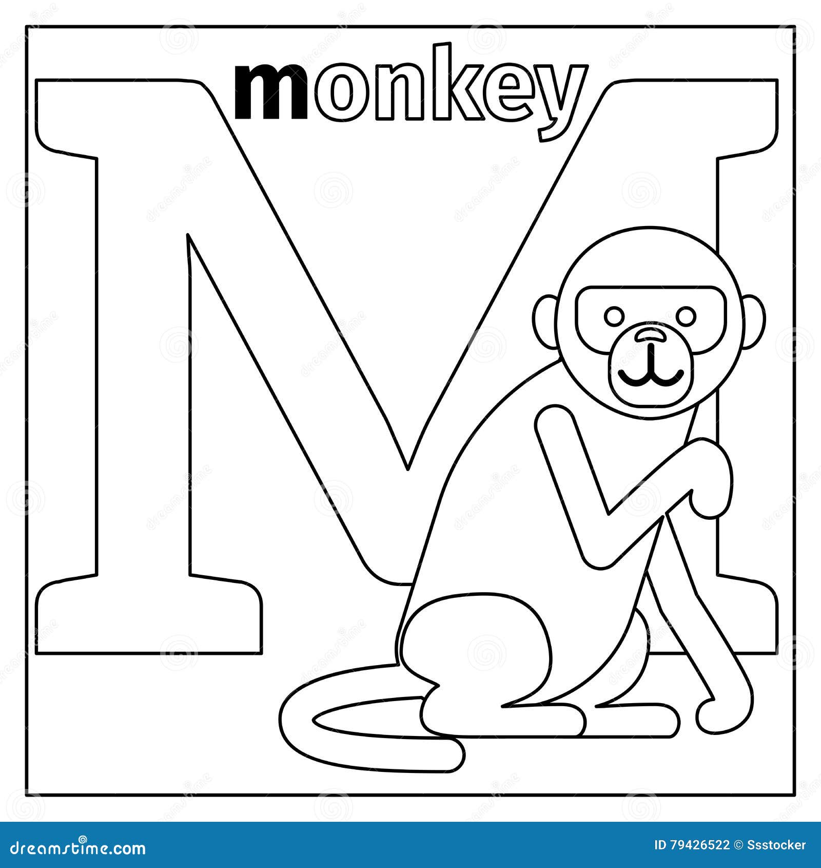 Monkey letter m coloring page stock vector