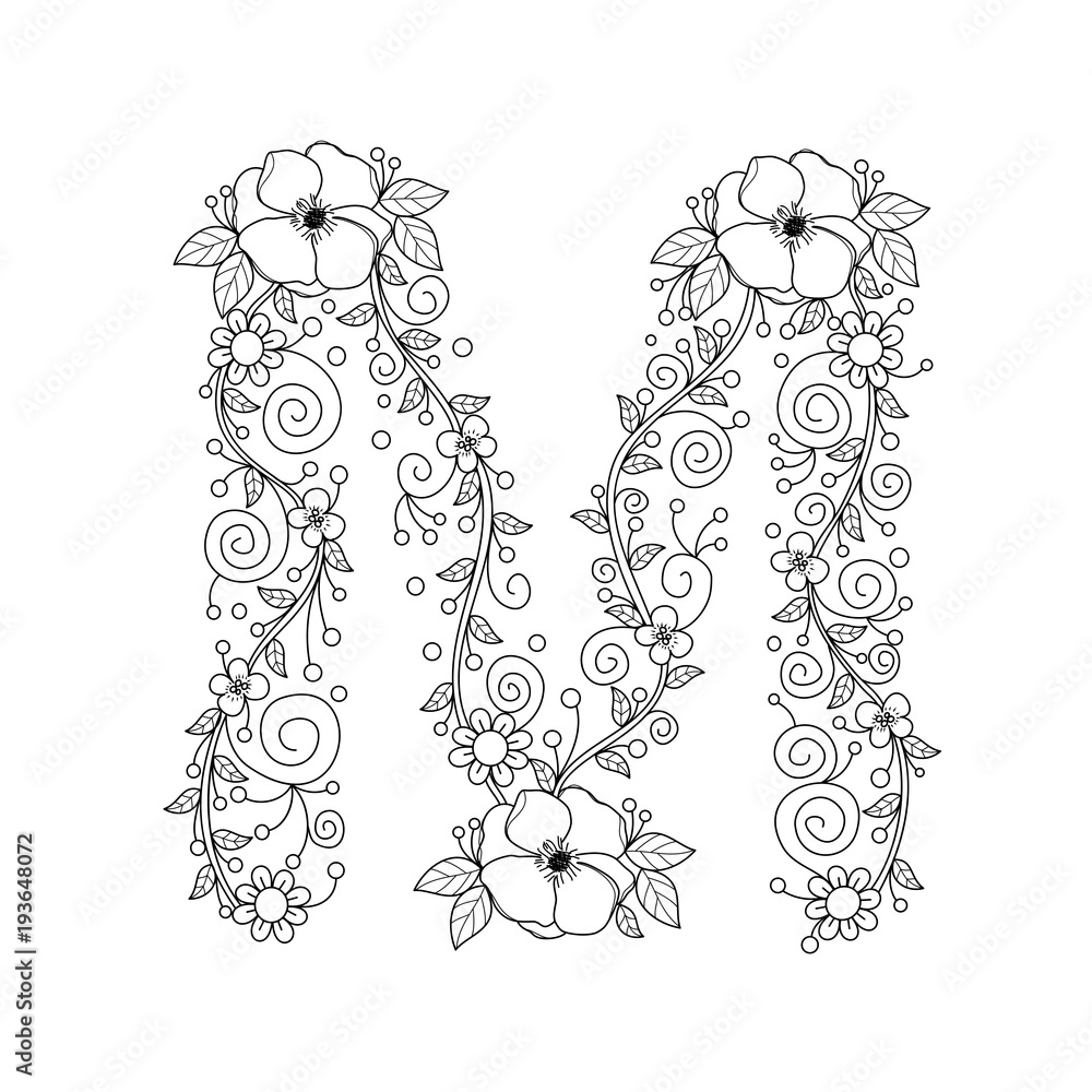 Floral alphabet letter m coloring book for adults vector illustrationhand drawndoodle style vector