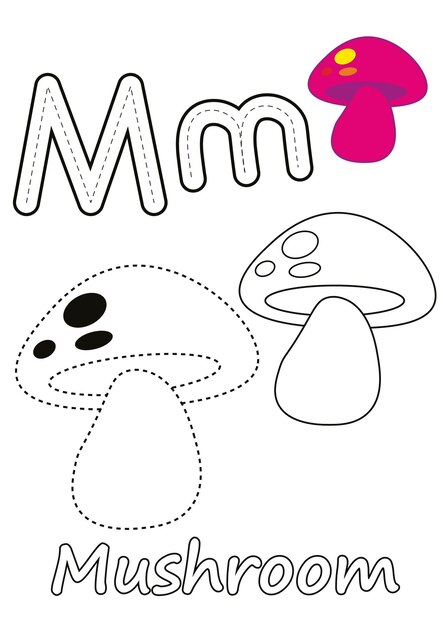 Premium vector coloring pages of mushroom and the letter m suitable for use in childrens coloring books