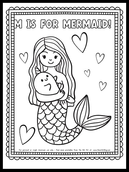 Cute m is for mermaid coloring page free download â the art kit