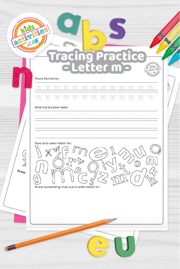 Free letter m practice worksheet trace it write it find it draw kids activities blog