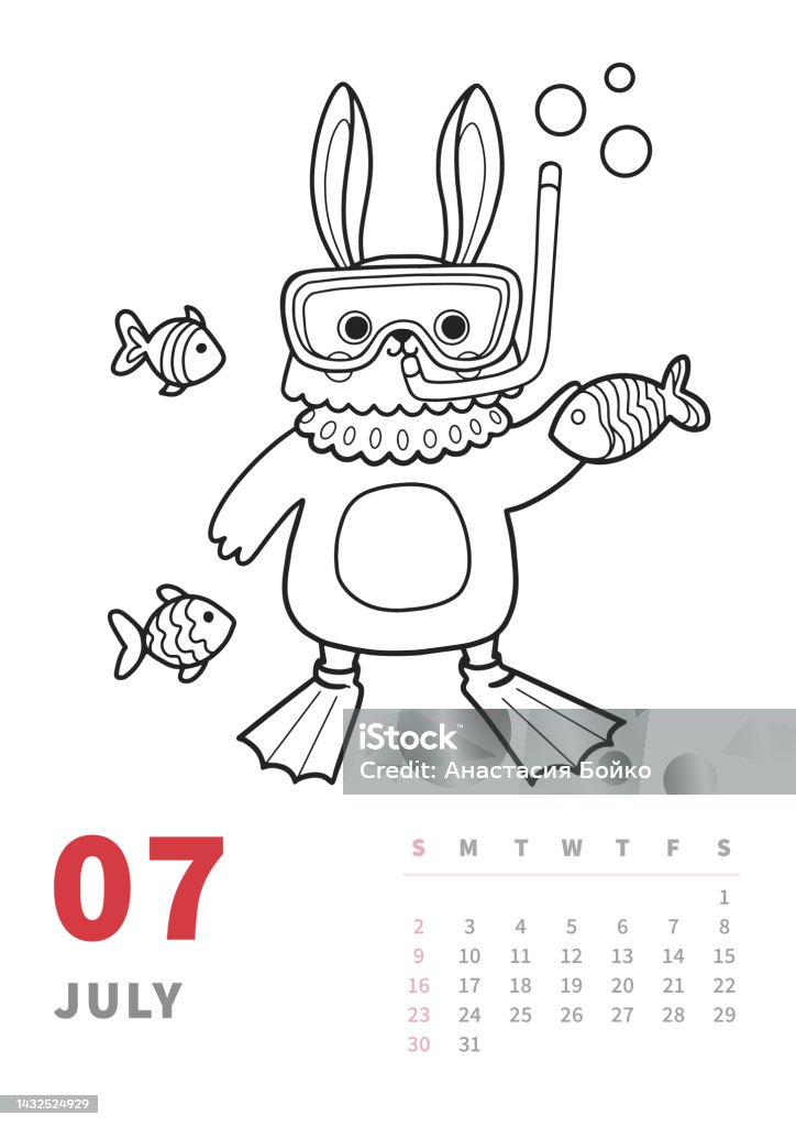 Halaman vertikal kalender juli kelinci dalam scuba garis besar karakter kartun template buku mewarnai untuk aktivitas anakanak kelinci cina simbol tradisional tahun ilustrasi stok