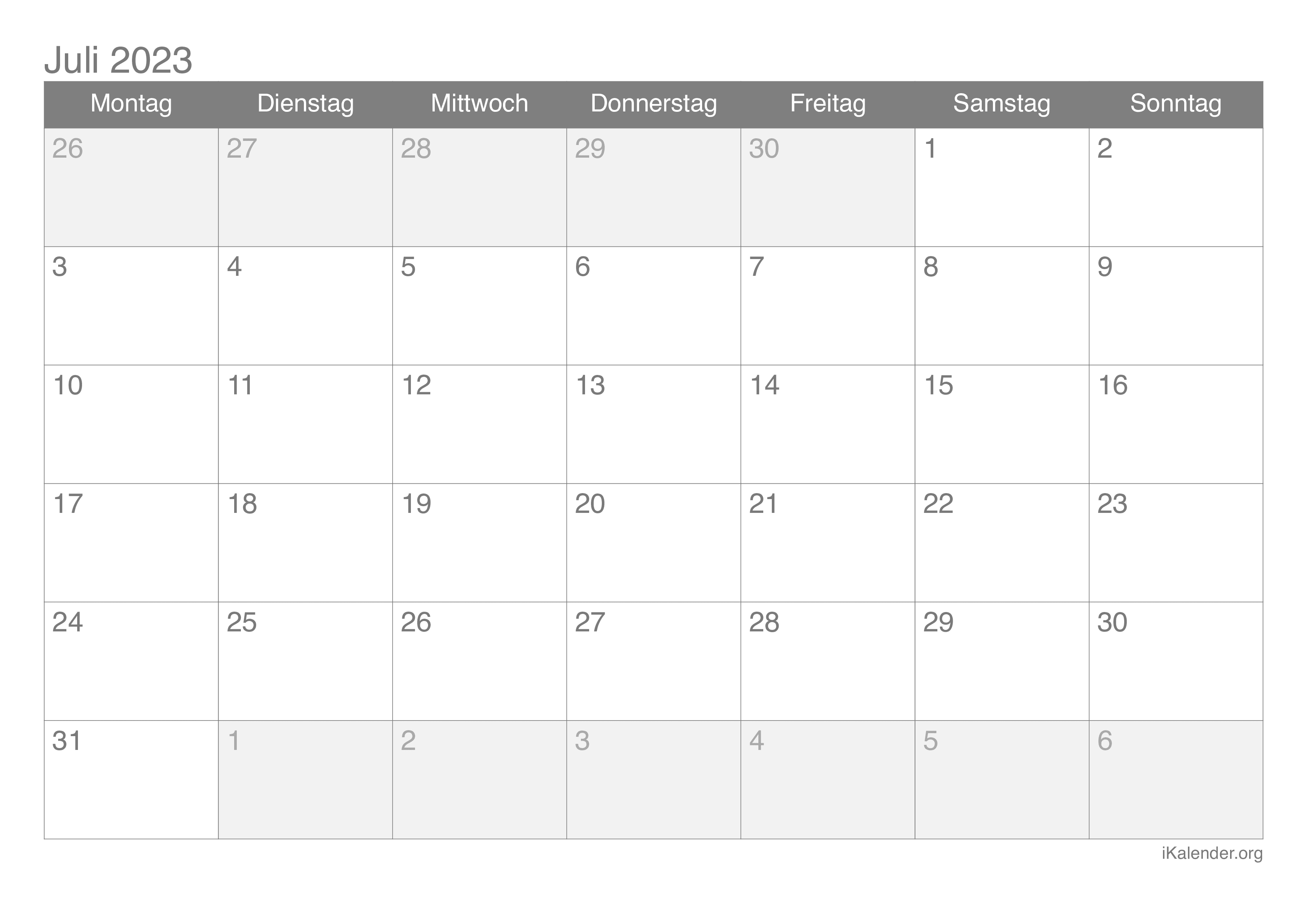 Monatskalender juli zum ausdrucken