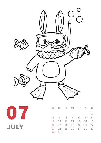 Halaman vertikal kalender juli kelinci dalam scuba garis besar karakter kartun template buku mewarnai untuk aktivitas anakanak kelinci cina simbol tradisional tahun ilustrasi stok