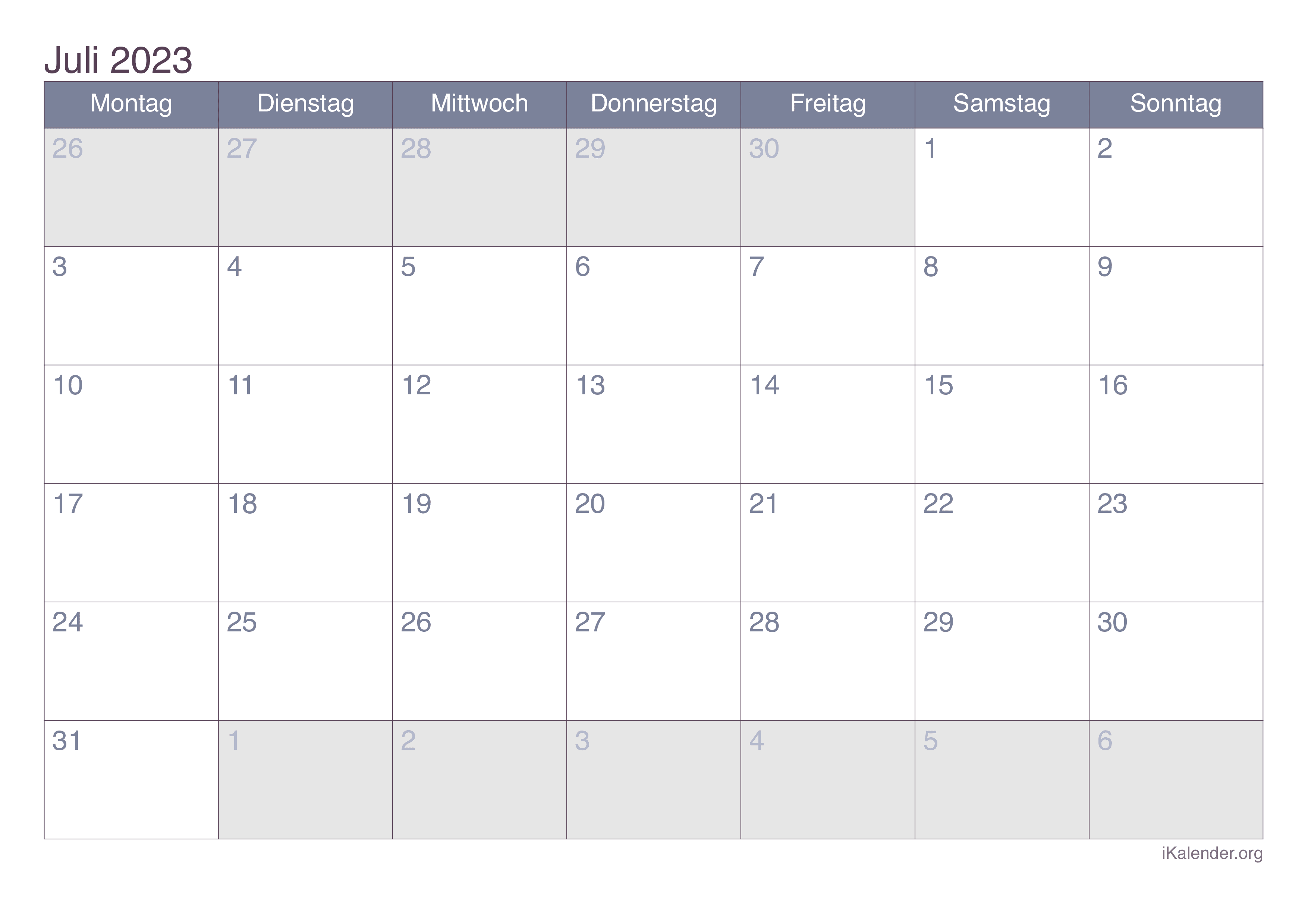 Monatskalender juli zum ausdrucken