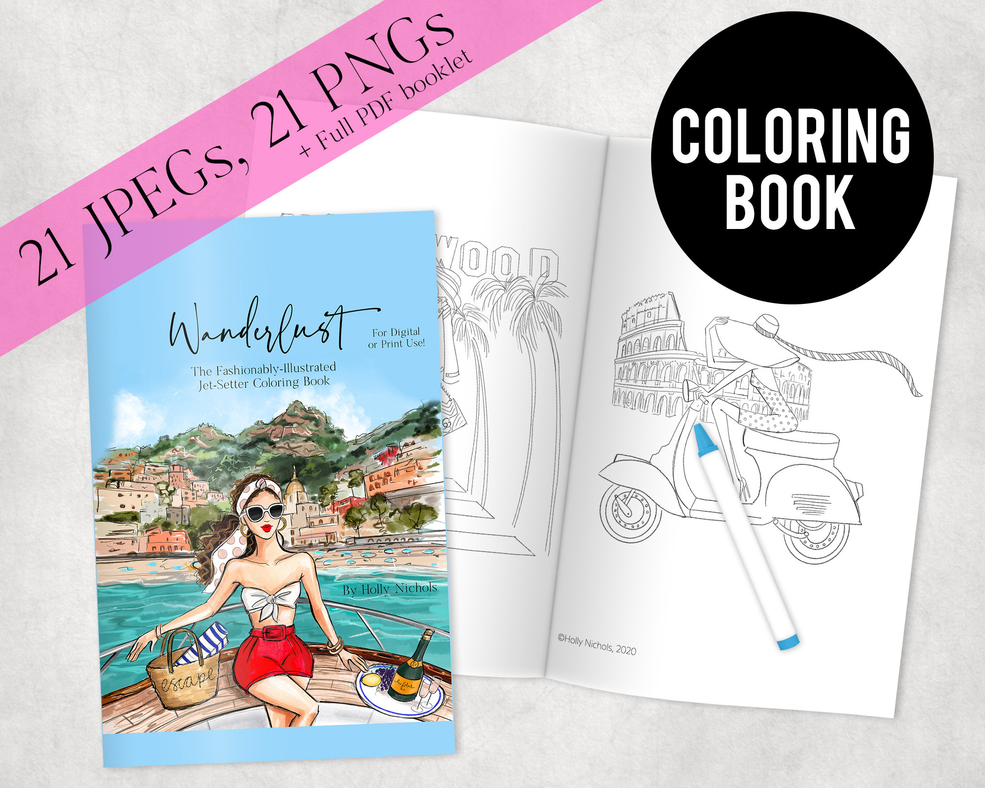 Digital fashion illustration travel wanderlust coloring book for digital or print use adultkids coloring book pdf jpeg and png download now