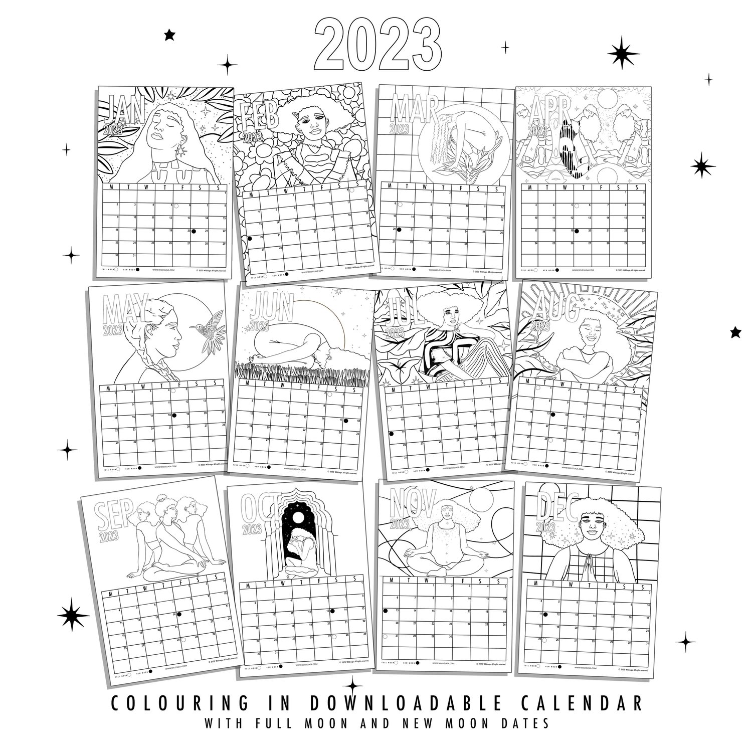 Colouring in printable monthly calendar in black white â