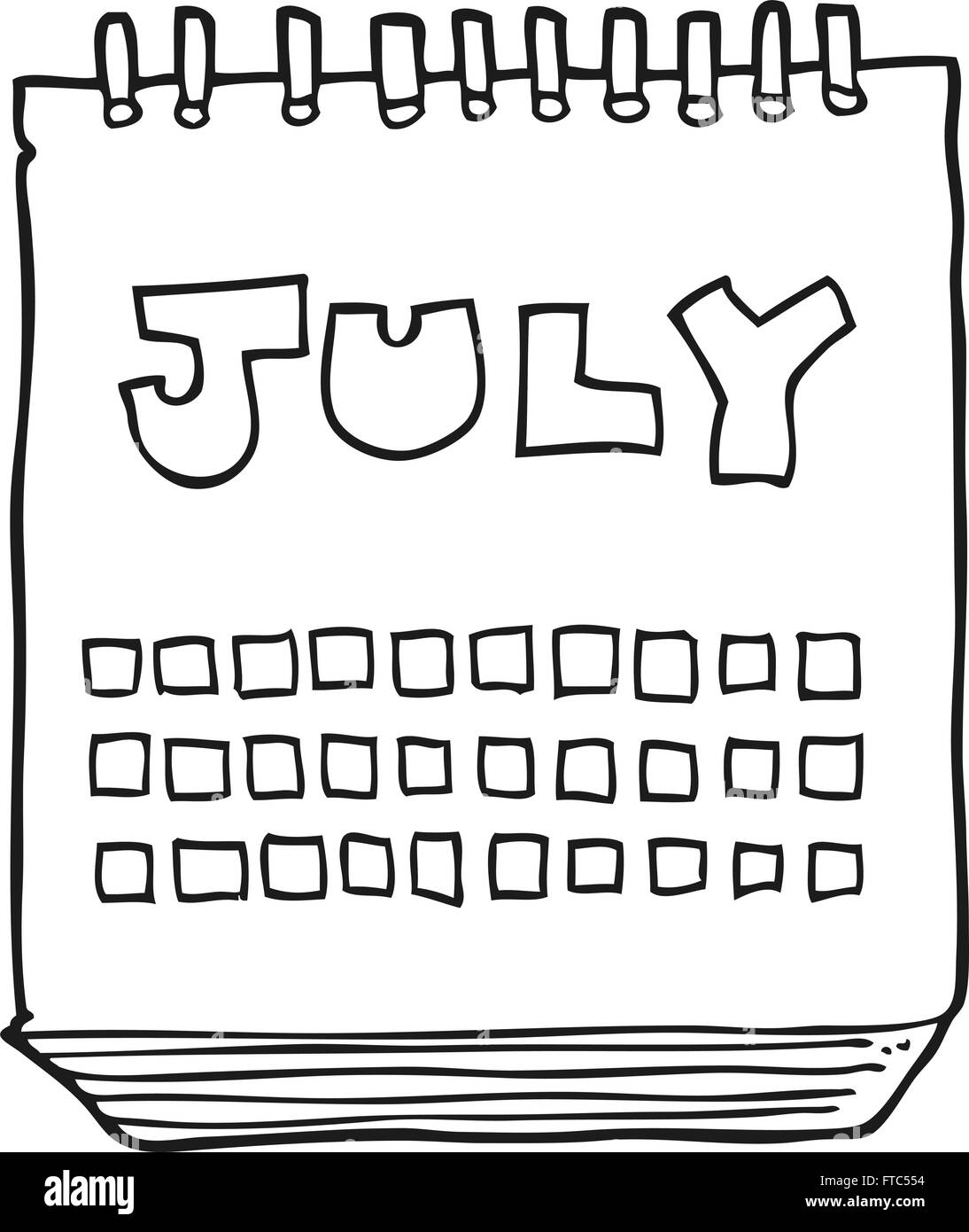 Freehand drawn black and white cartoon calendar showing month of july stock vector image art