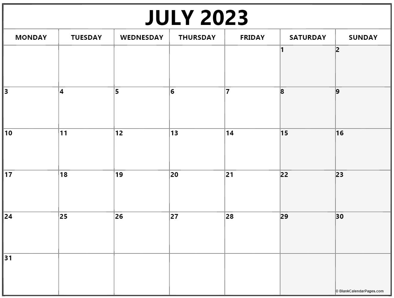 July monday calendar monday to sunday