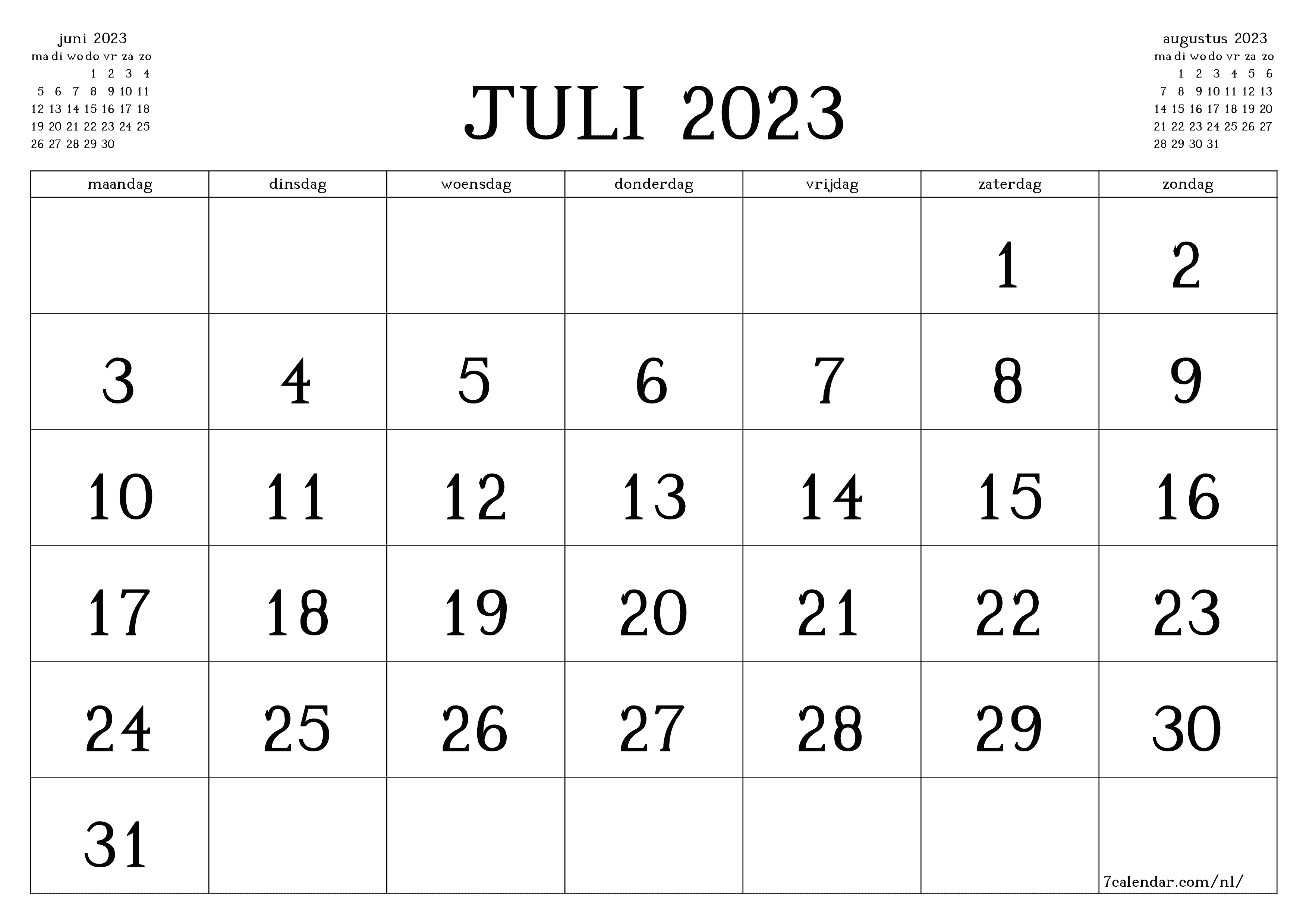 Afdrukbare kalenders en planners voor de maand juli a a naar pdf en png