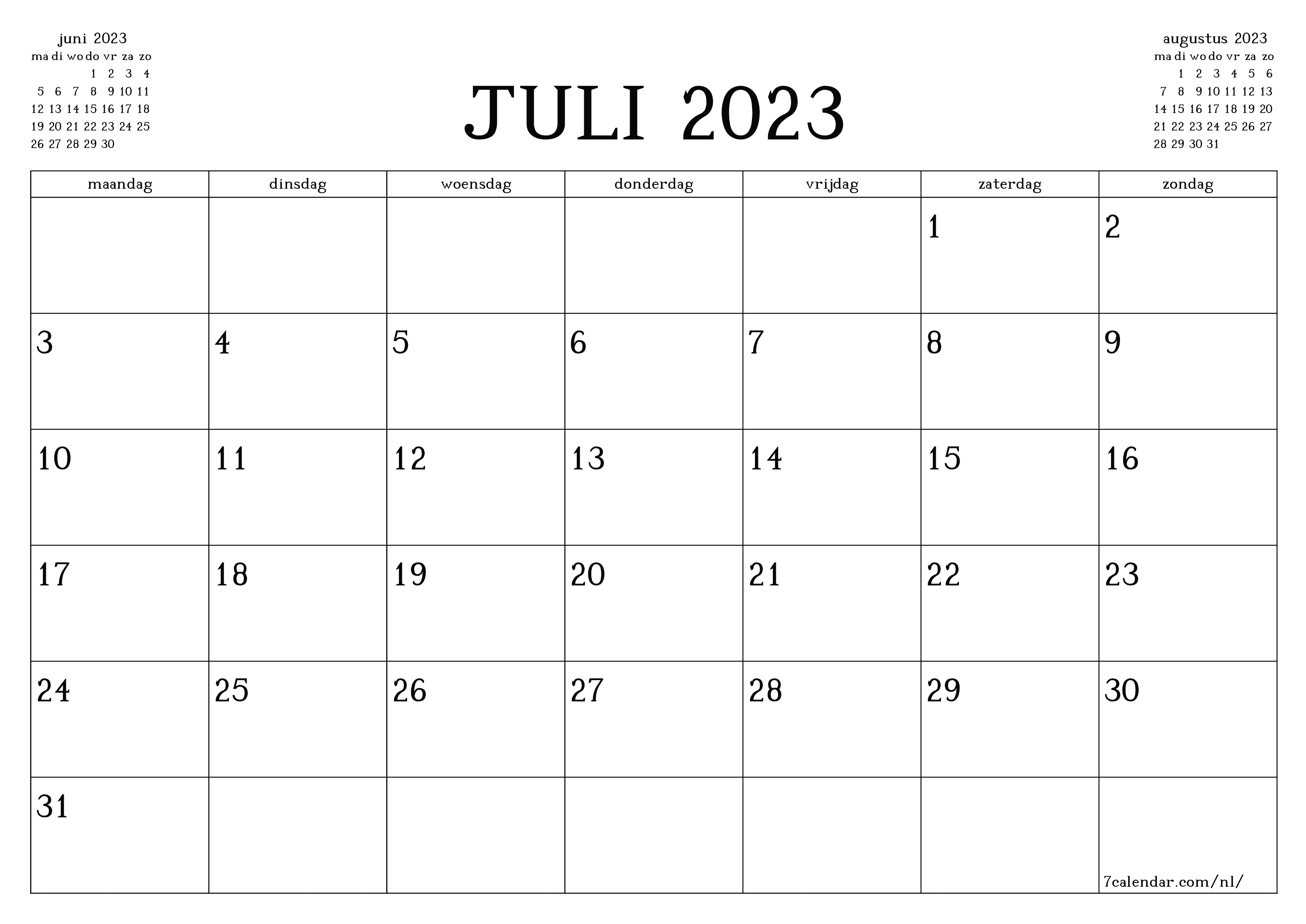 Afdrukbare kalenders en planners voor de maand juli a a naar pdf en png