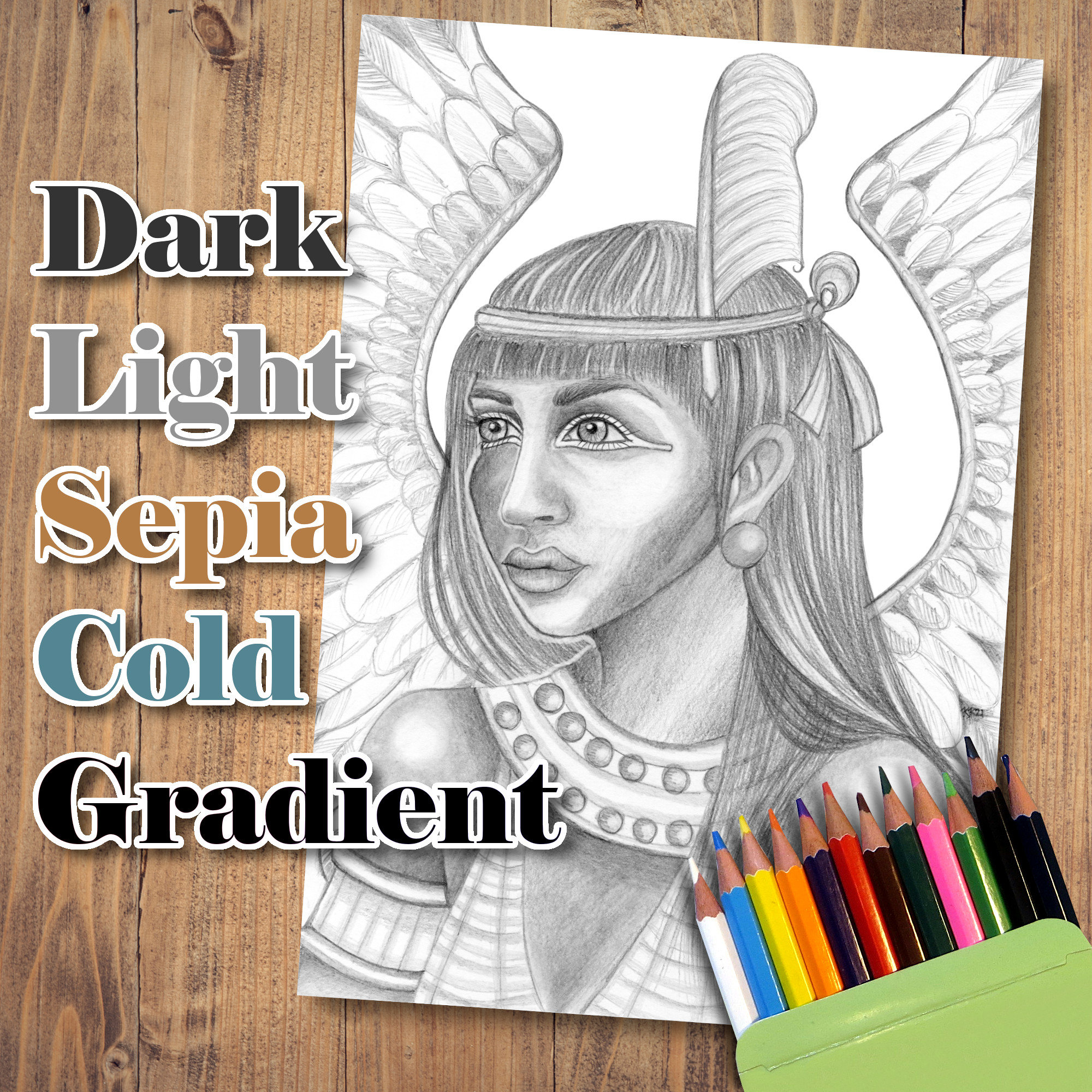 Grayscale coloring page egyptian god maat egyptian goddess adult coloring book page pdf sepia ancient egypt jpg