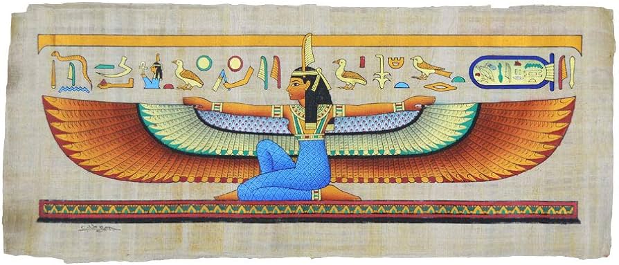 Maat diosa de la justicia verdad y armonãa cãsmica sobre un original papiro egipcio hecho a mano y pintado a mano en egipto x in hogar y cocina