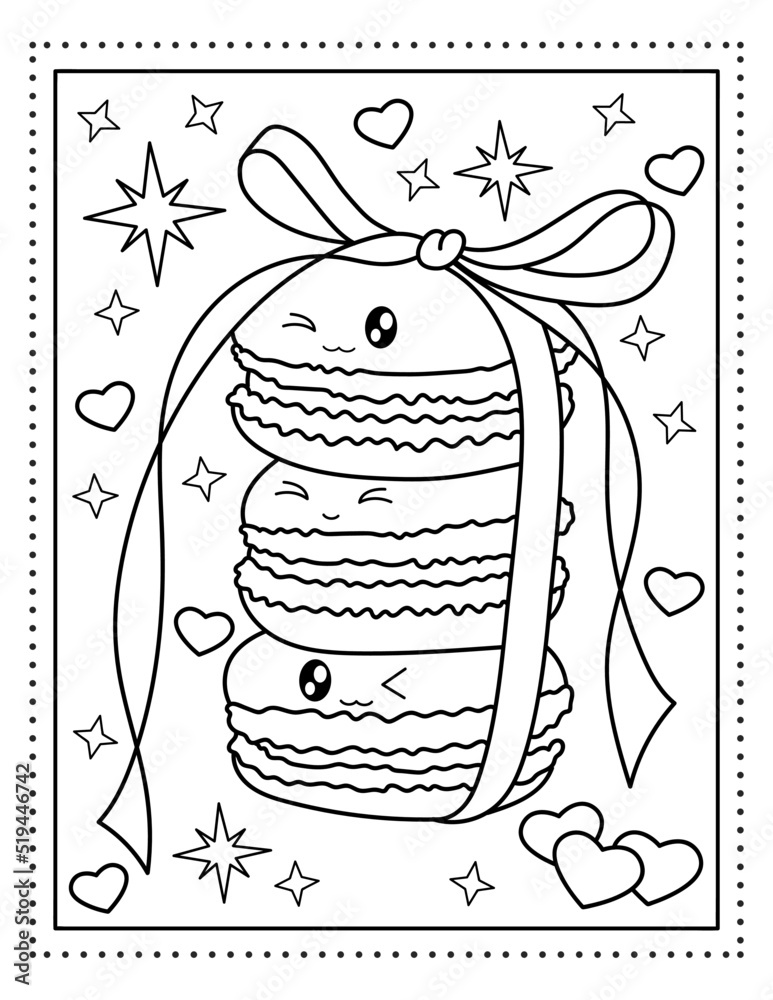 Macarons with a ribbon and a bow kawaii coloring book sweets coloring book black and white illustration vector