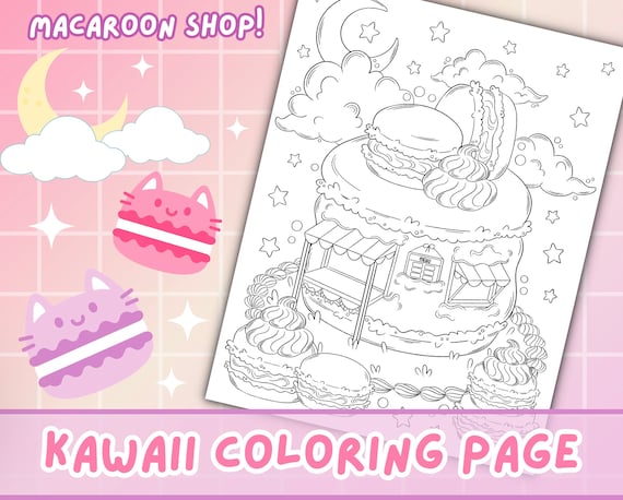 Macaron shop coloring page kawaii coloring page for kids adults cute kawaii food printable kawaii macaron art print download now