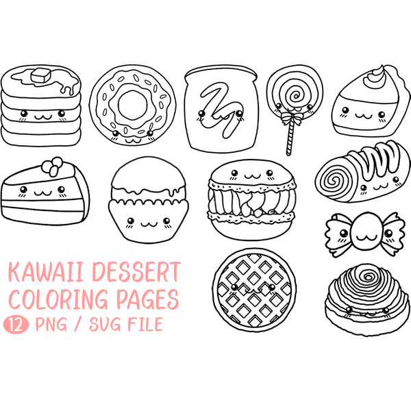 Kawaii dessert coloring page donut macaron png svg