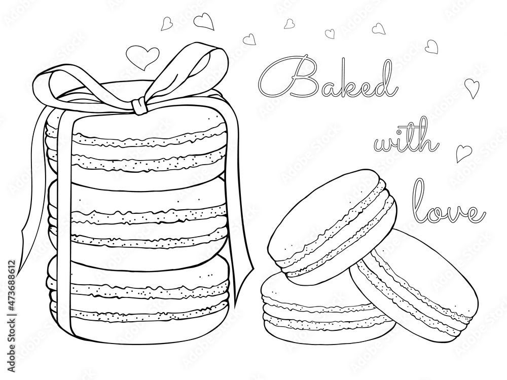 Vetor de macarons tied with ribbon valentine day outline freehand drawn for holiday sweet delicious dessert vector illustration isolated on white background separate objects coloring book page do