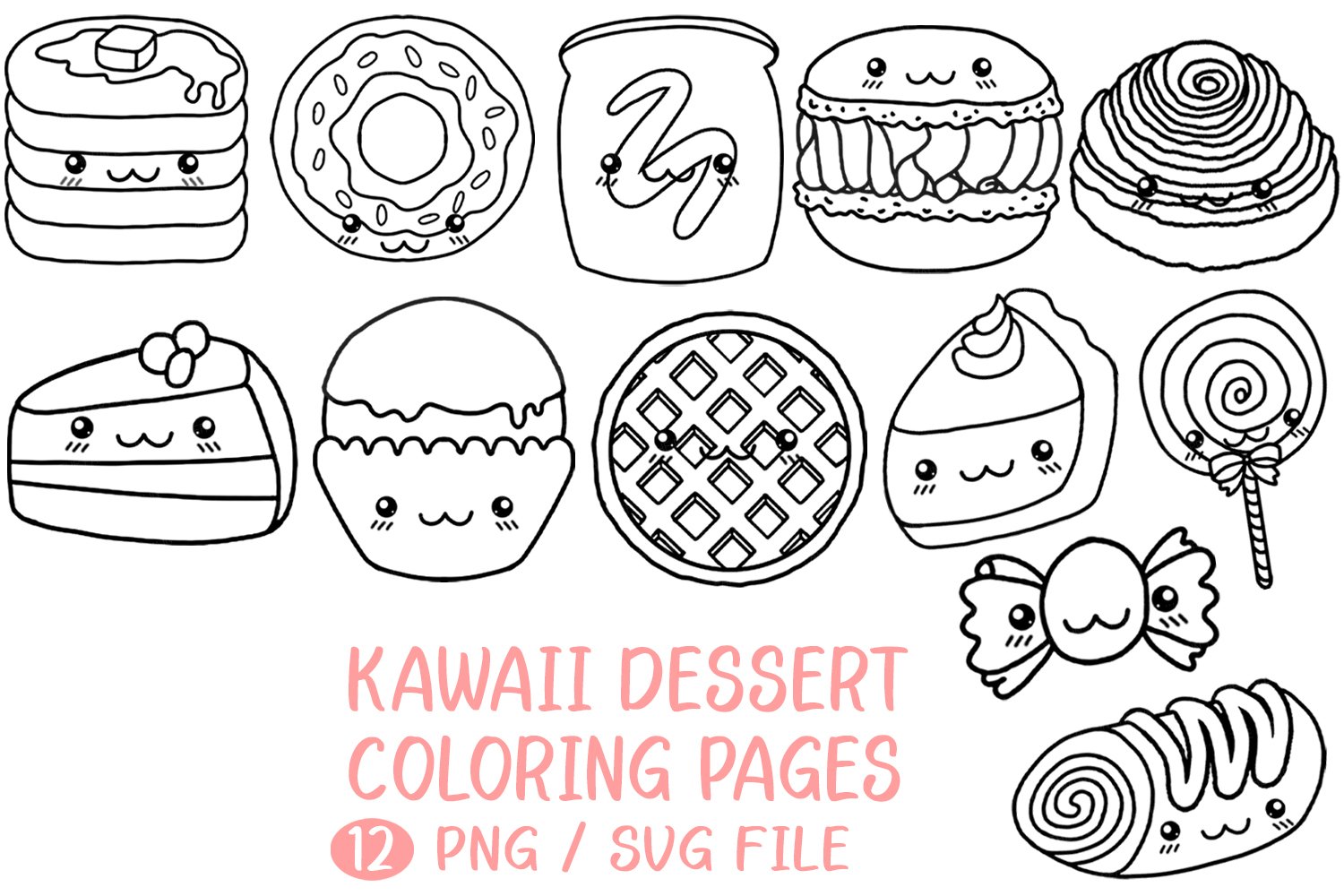 Kawaii dessert coloring page donut macaron png svg