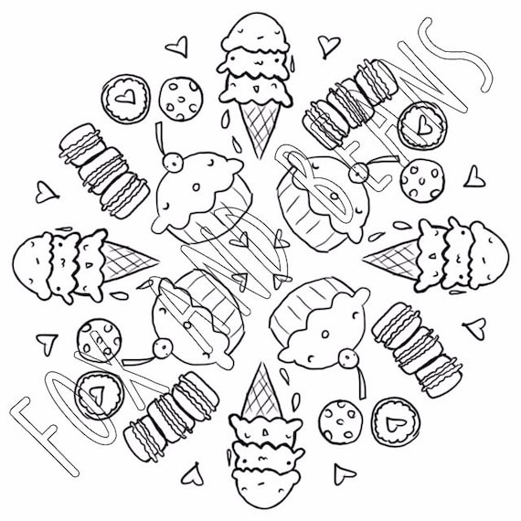 Cute sweets printable coloring page ice cream cupcakes digital file macarons cute kawaii adult coloring all ages