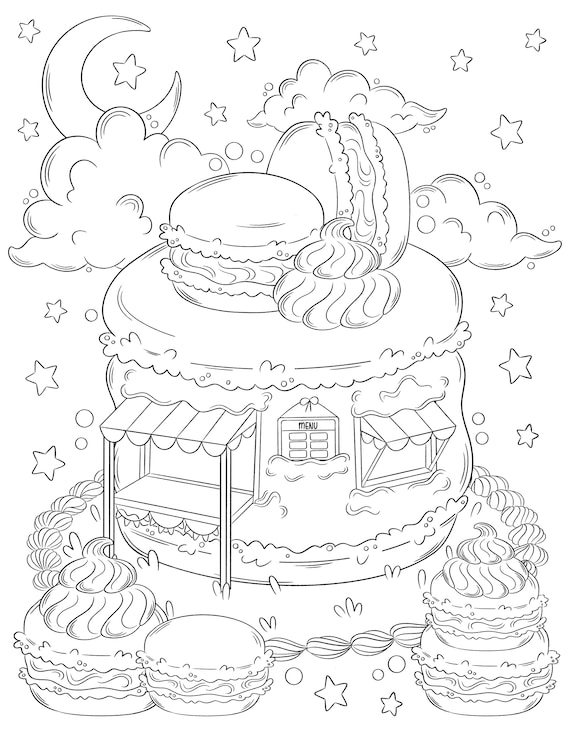 Macaron shop coloring page kawaii coloring page for kids adults cute kawaii food printable kawaii macaron art print download now