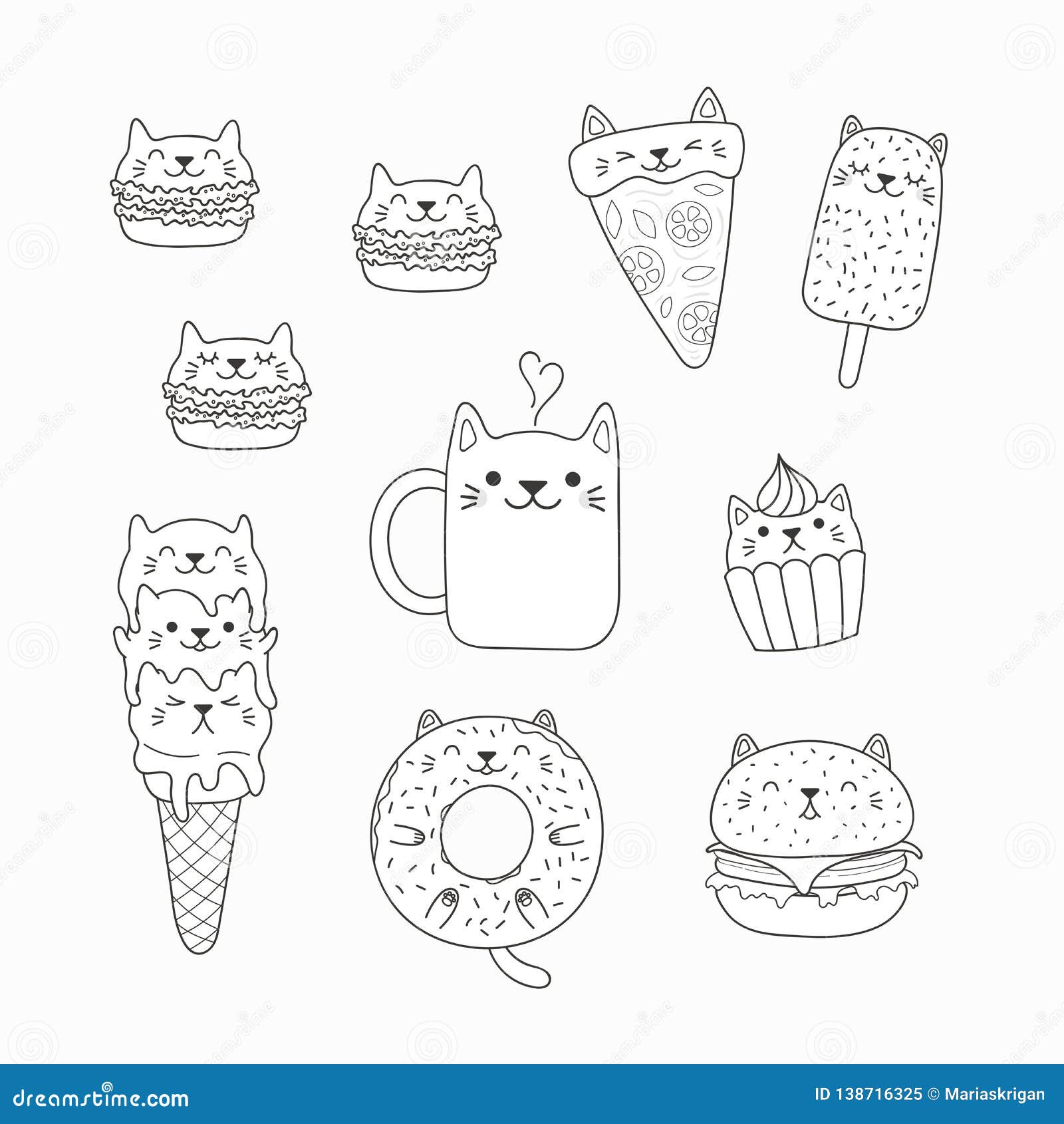 Kawaii cats food coloring pages stock vector