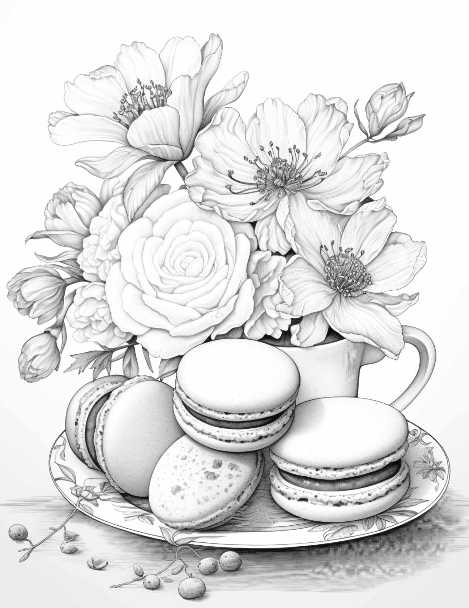 Free vintage macarons grayscale coloring pages printable for adults p â coloring