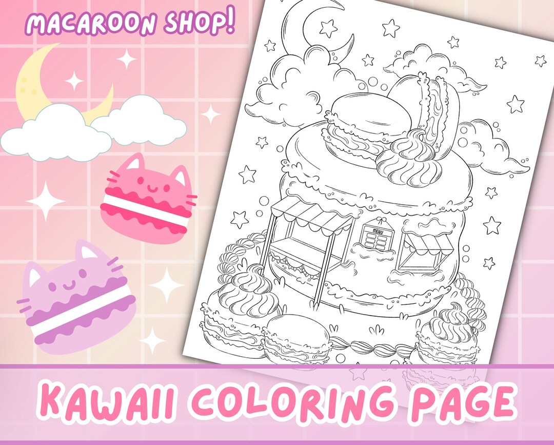 Macaron shop coloring page kawaii coloring page for kids adults cute kawaii food printable kawaii macaron art print download now