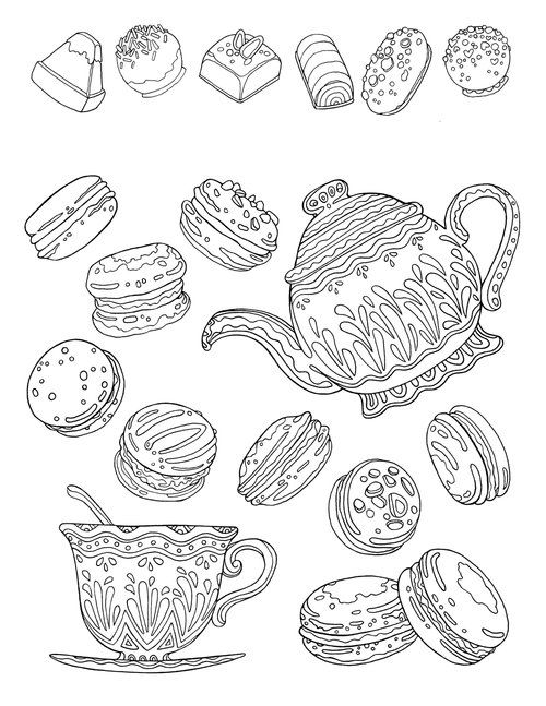 Free printable coloring page for adults hand drawn tea time illustration macarons tea pot and cupâ tea time illustration coloring pages love coloring pages