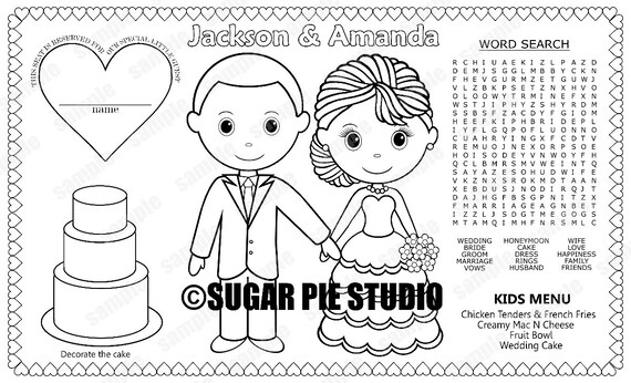 Printable personalized wedding favor menu placemat childrens coloring page activity pdf or jpeg file