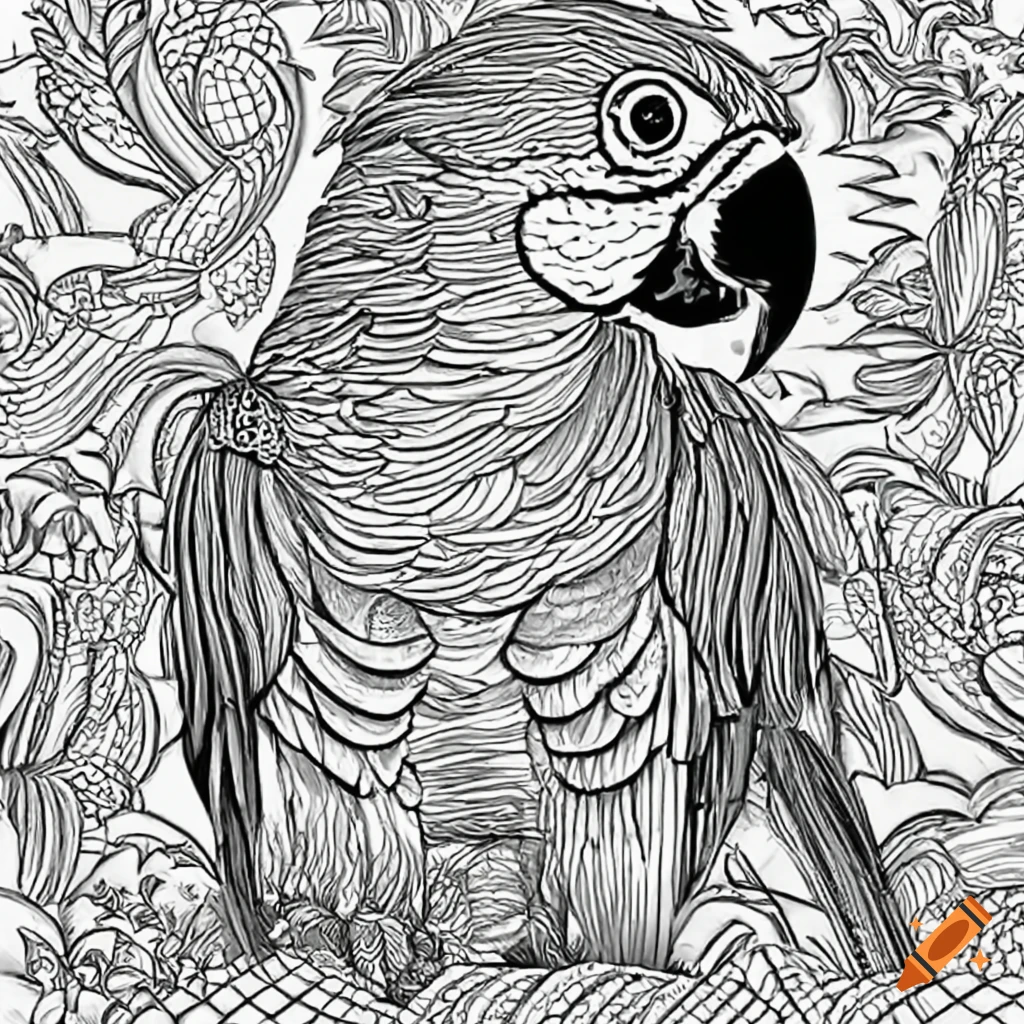 A coloring page for kids of a wild macaw bird with thick lines and low detail with no shading