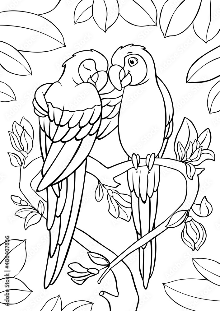 Coloring page two cute parrots red macaw sits and smiles they are in love vector