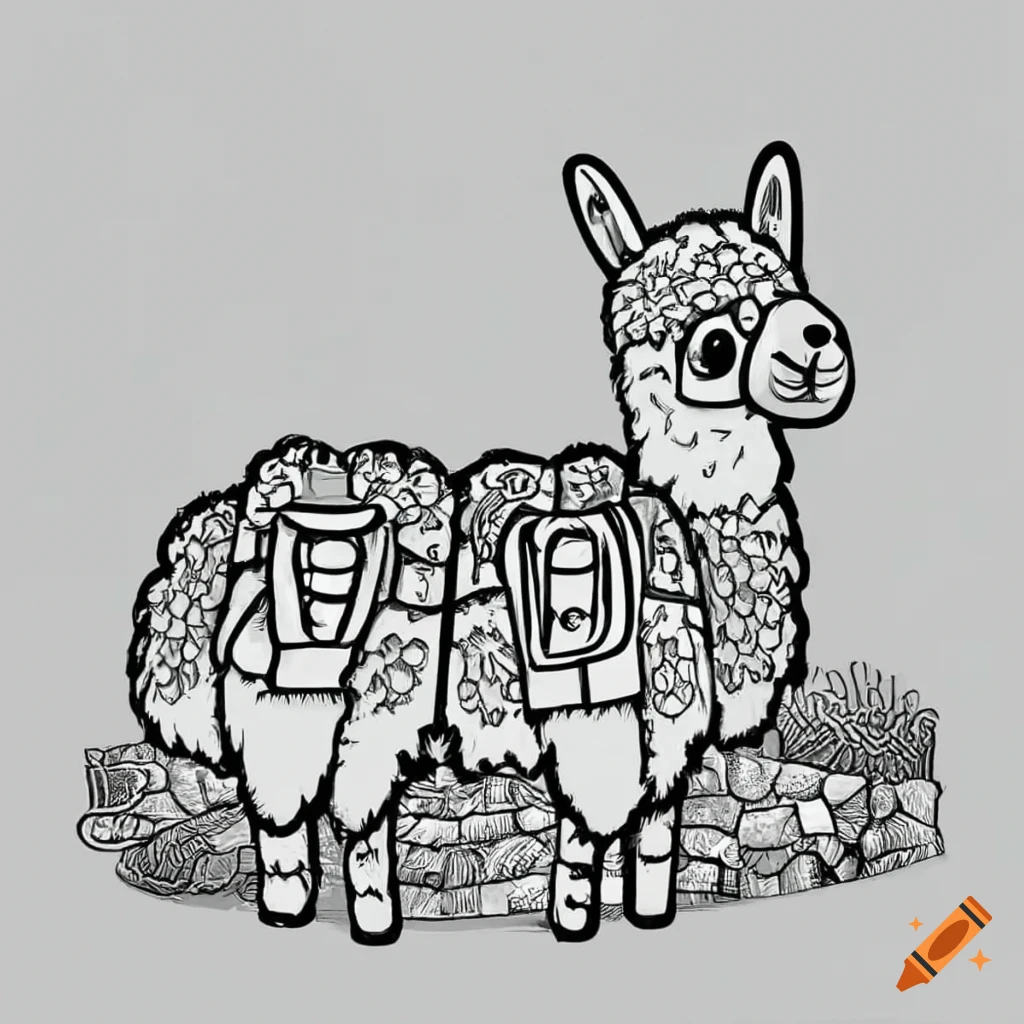 Coloring page of machu picchu with llamas on