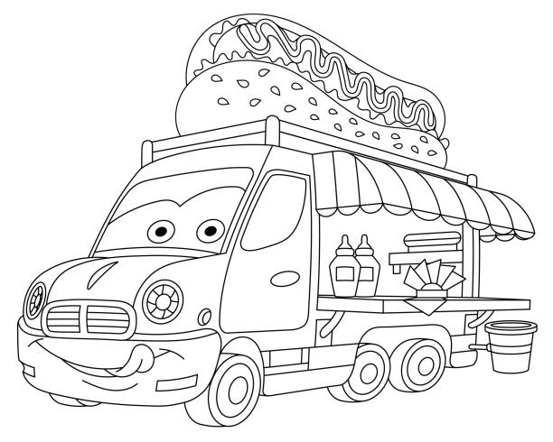 Coloring page of cartoon food truck vehicle stock illustration