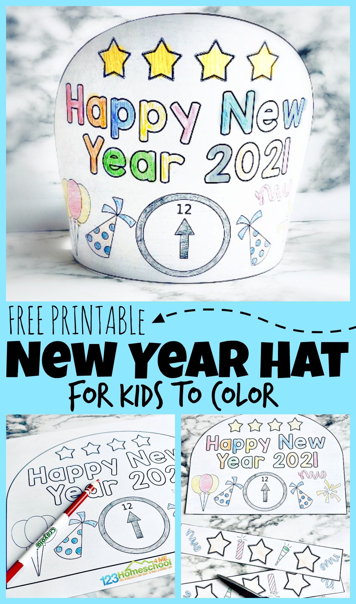 Free printable new years party hats for kids to color