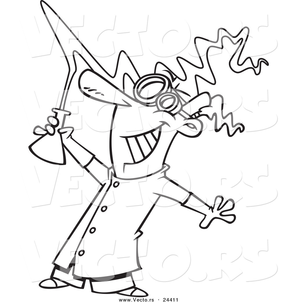 R of a cartoon mad scientist holding a beaker