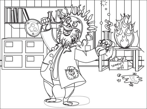 Mad scientist rejoices at a new discovery coloring page