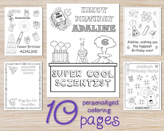 Science birthday coloring pages mad scientist party any age decorations boy girls digital pdf