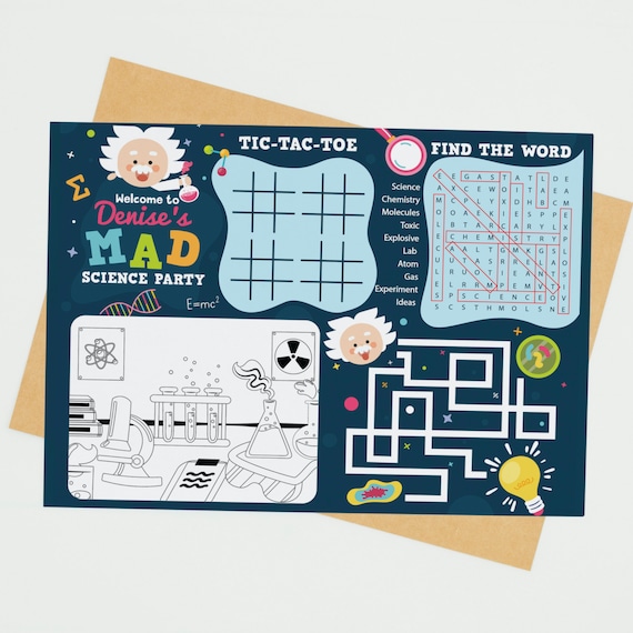 Mad science party game activity coloring place mat scientist party activity sheet coloring sheet games night editable printable