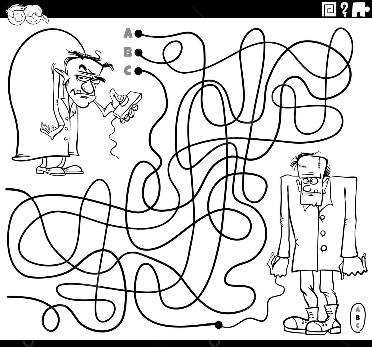 Coloring book page featuring a maze an evil scientist and a zombie vector activity coloring book test png and vector with transparent background for free download