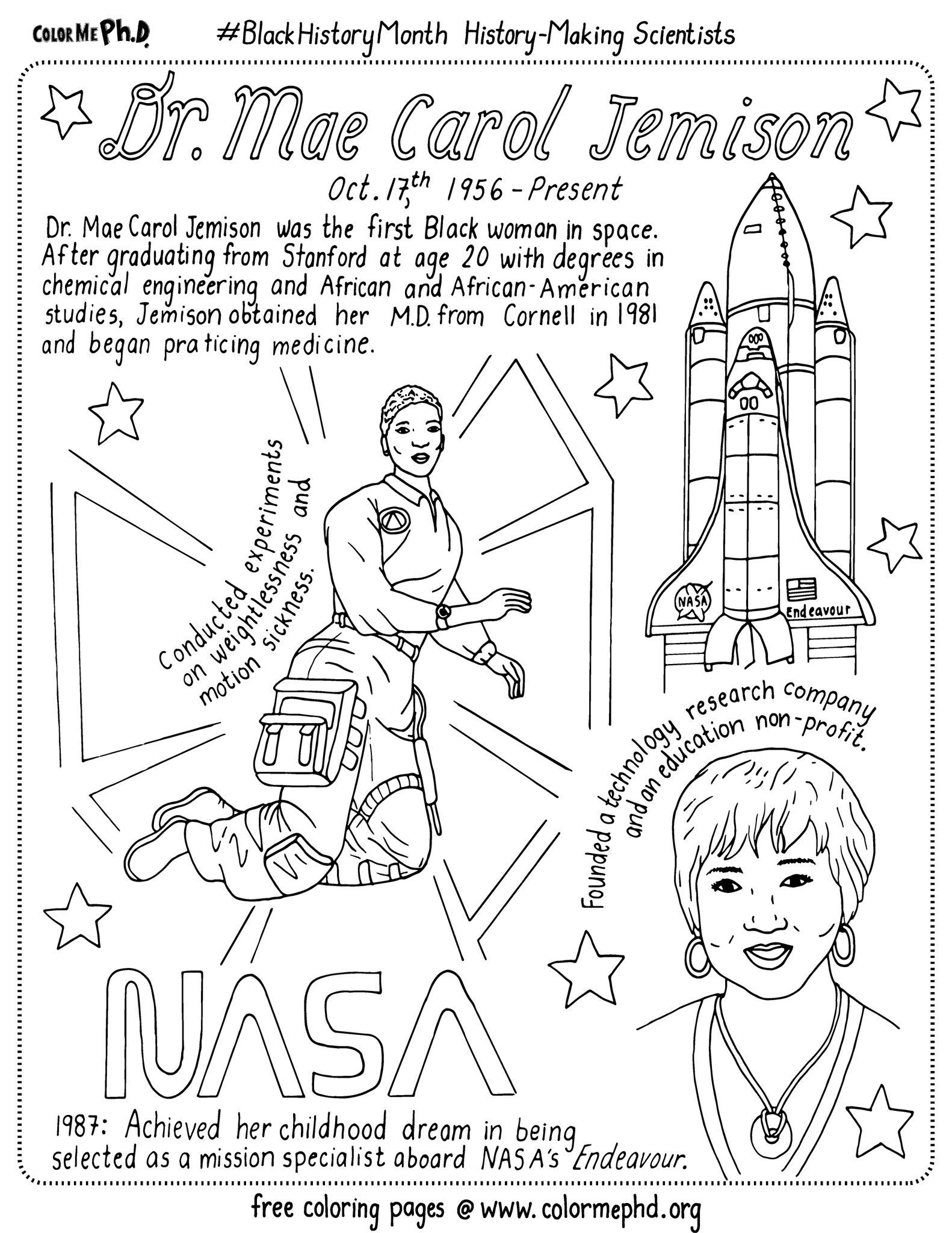 Colormephd on x todays blackhistorymonth coloring page features the incredible astronautengineerphysician dr maejemison ððððº httpstcogwincjhvn x