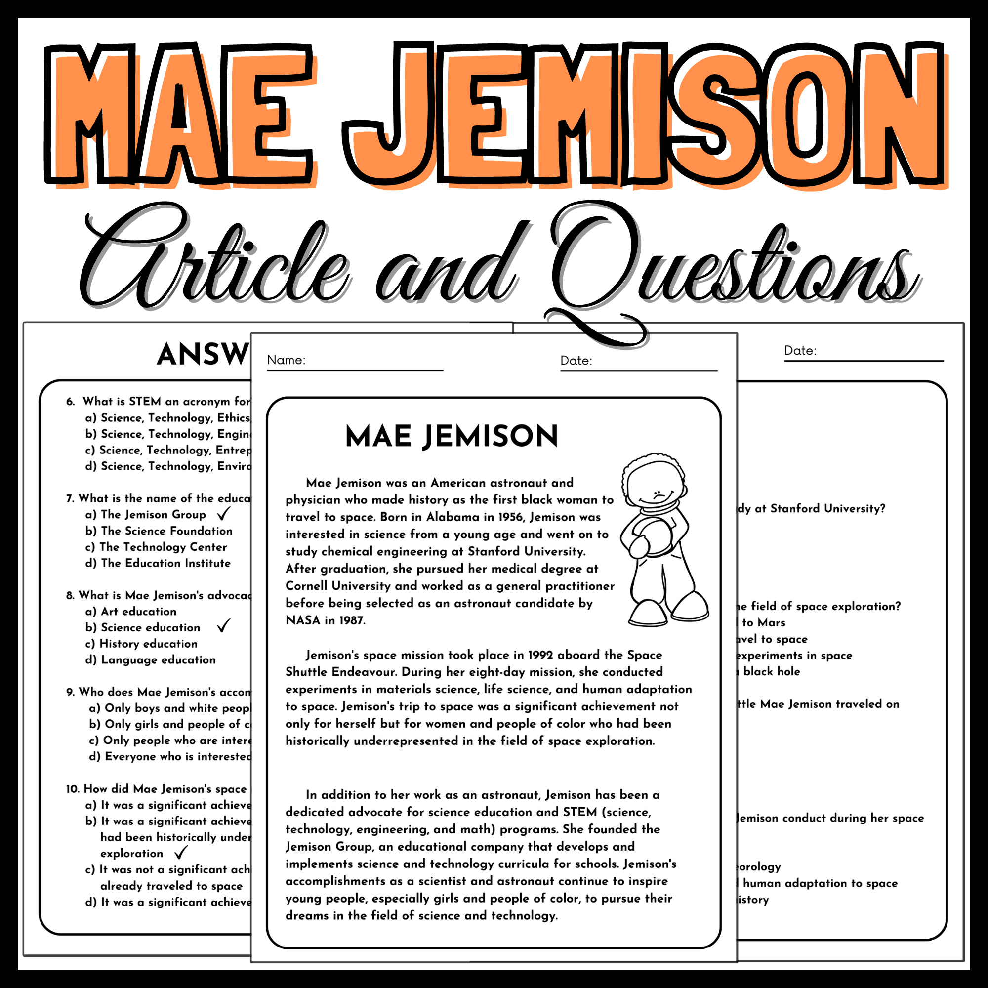 Mae jemison reading prehension article and questions passages made by teachers