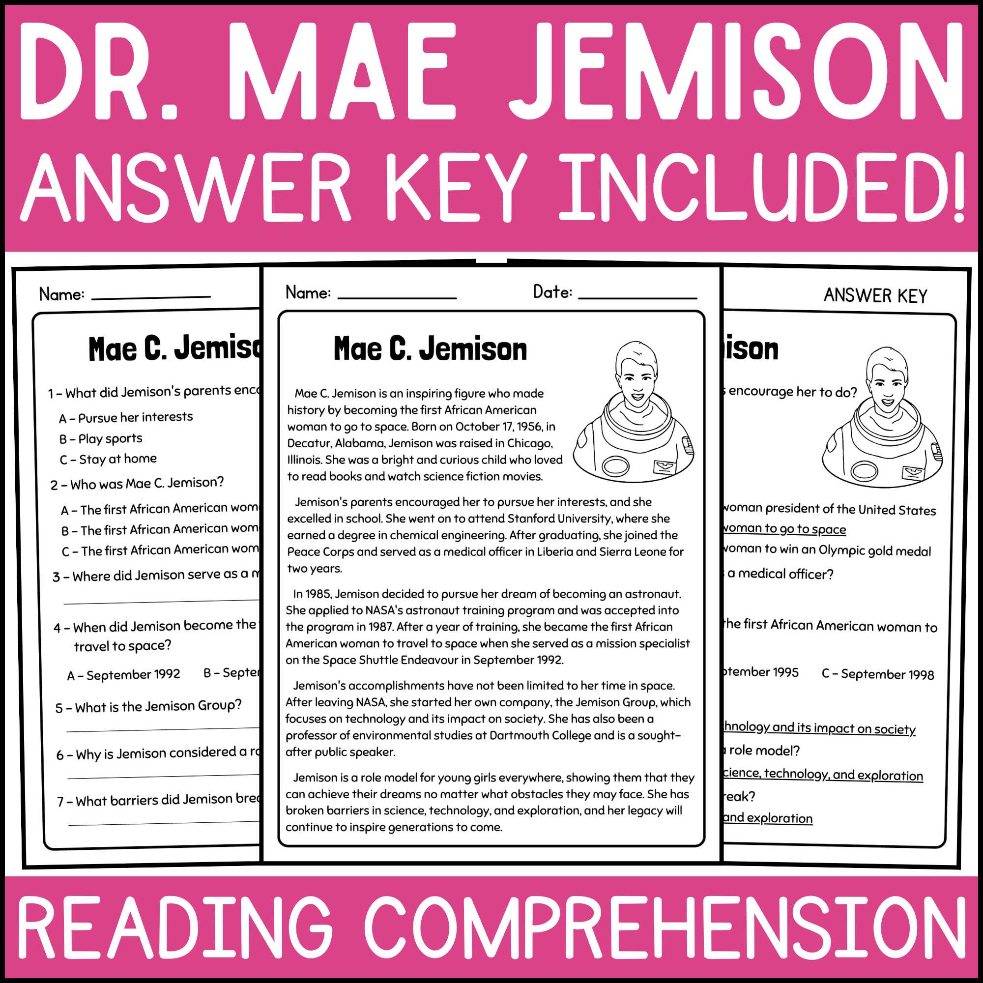 Mae jemison article and reading prehension questions womens history month made by teachers